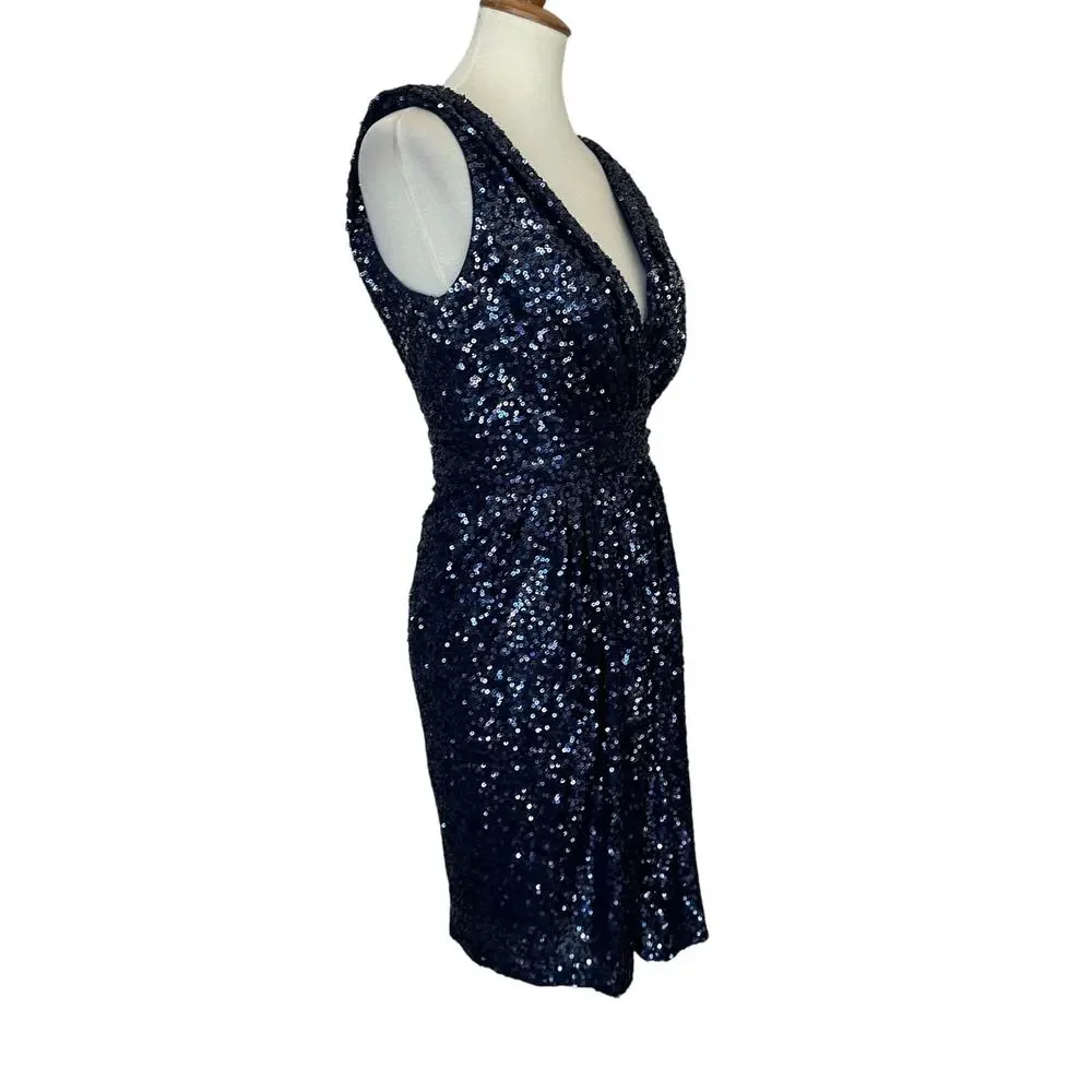 Badgley Mischka Blue Sequin Sheath Dress Size 6 Ruched Designer Cocktail $395 - Picture 6 of 9